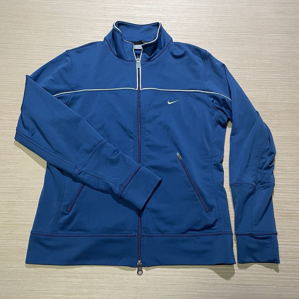 Woman's‎ Nike Dri-Fit Track Jacket Full Zip Size M Blue W/Neon Green Logo